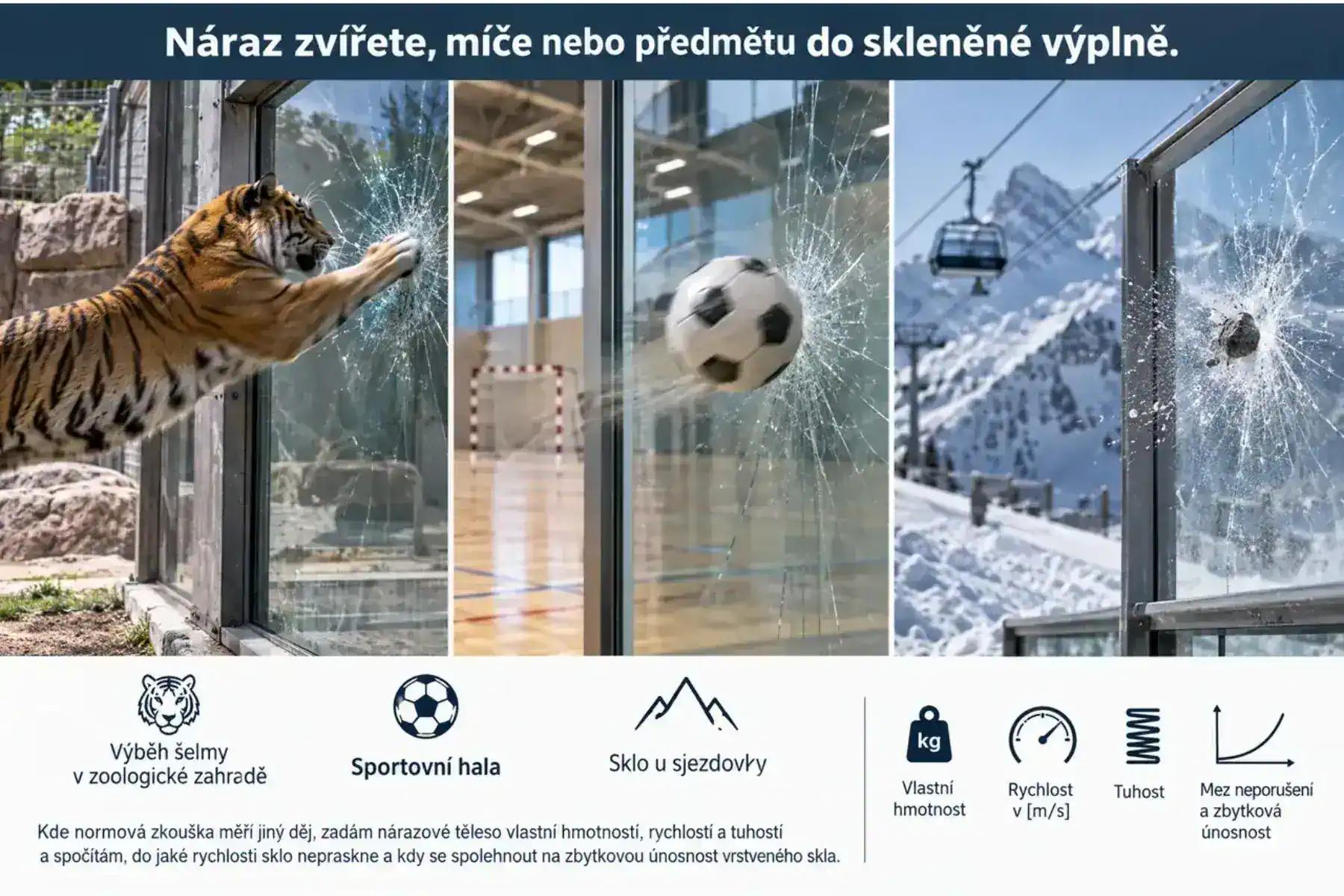 Ilustrace tří situací nárazu do skla, kde kyvadlová zkouška nestačí: šelma ve výběhu, míč ve sportovní hale, kámen u sjezdovky